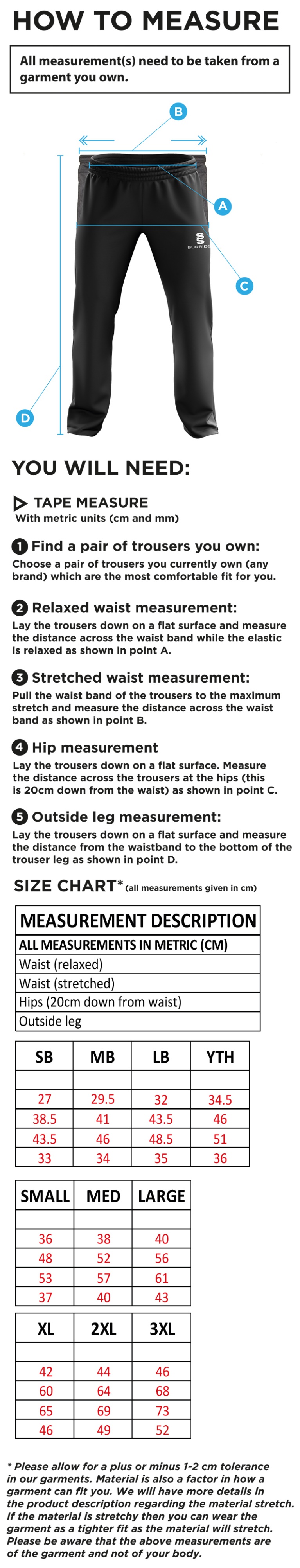 Nutbrook CC - Ripstop Track Pant - Size Guide