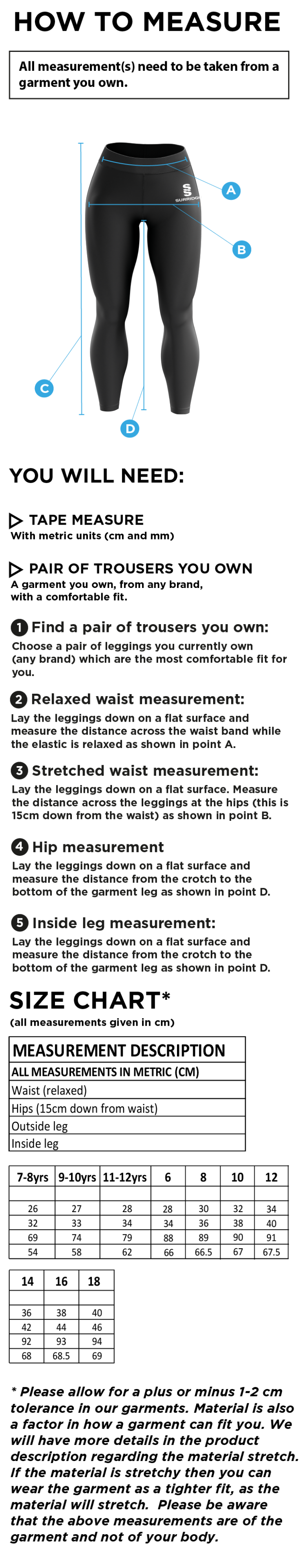 Nutbrook CC - Performance Full Length Leggings - Size Guide