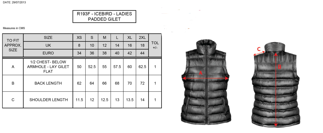 Nutbrook CC - Women's Ice Bird Padded Gilet - Size Guide