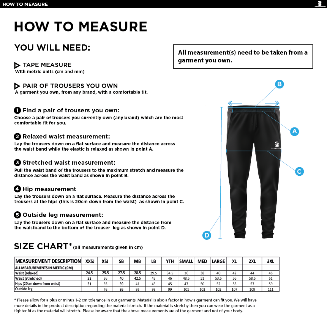 Nutbrook CC - Tek Slim Training Pants - Size Guide