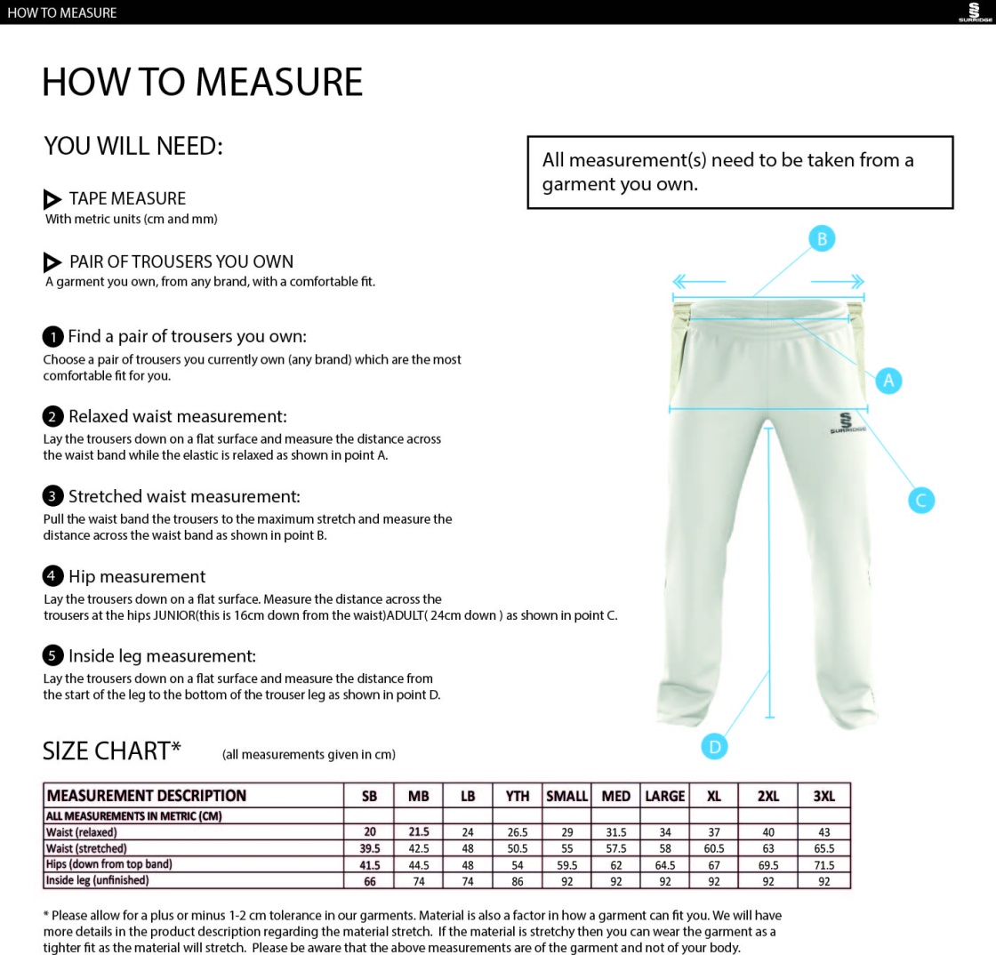 Nutbrook CC - Standard Playing Pant - Size Guide