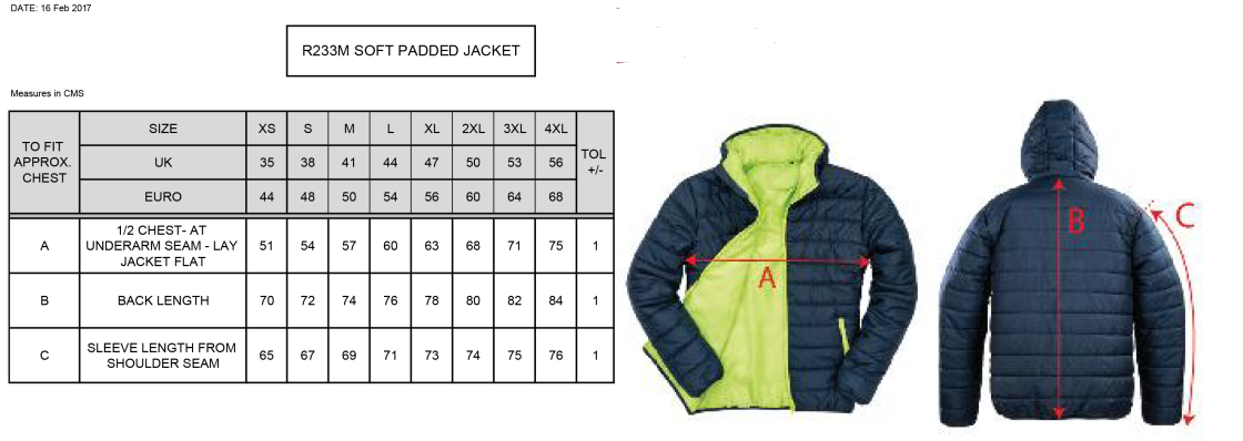 Nutbrook CC - Supersoft Padded Jacket - Size Guide
