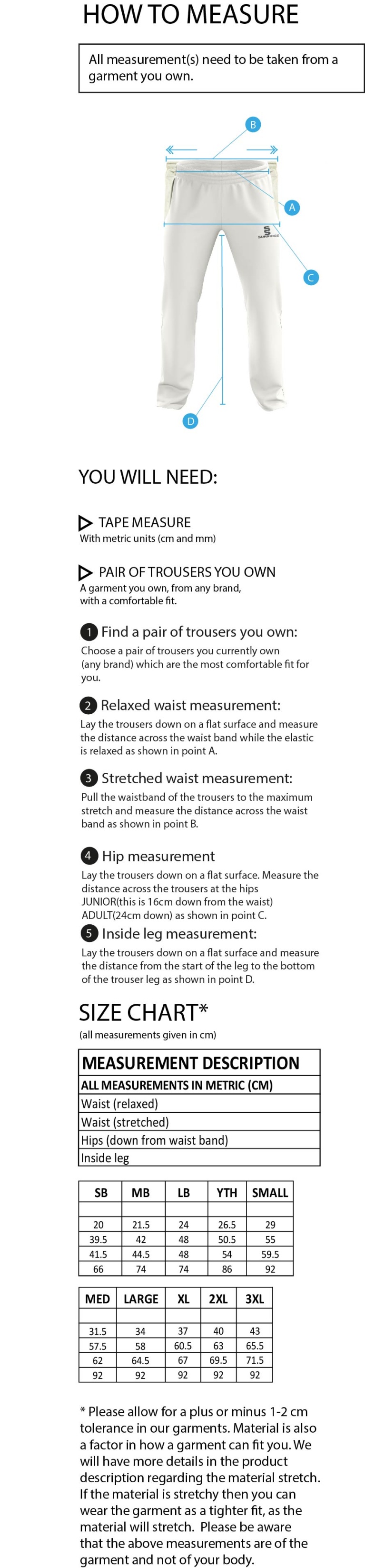 Nutbrook CC - Standard Playing Pant - Size Guide
