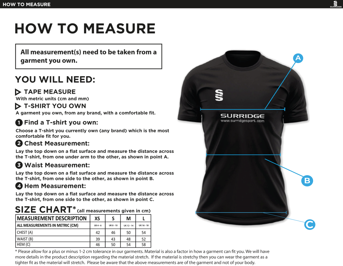 Nutbrook CC - Impact T-Shirt - Women's - Size Guide
