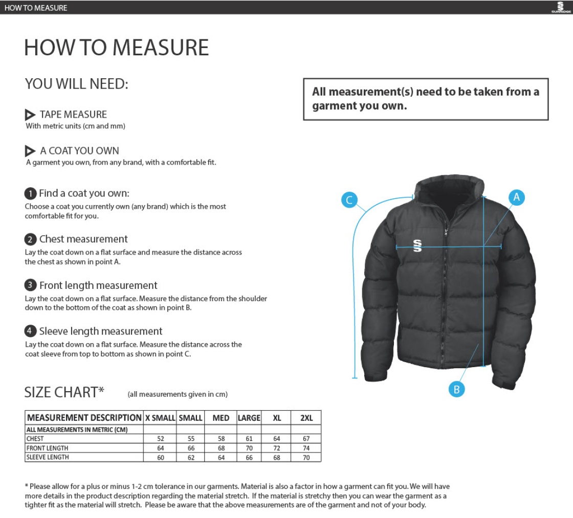 Nutbrook CC - Women's Puffer Jacket - Size Guide
