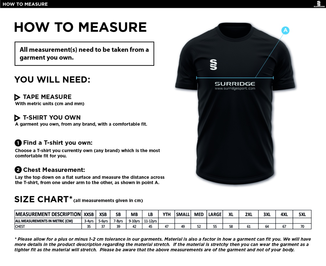 Nutbrook CC - Dual Games T-Shirt - Size Guide