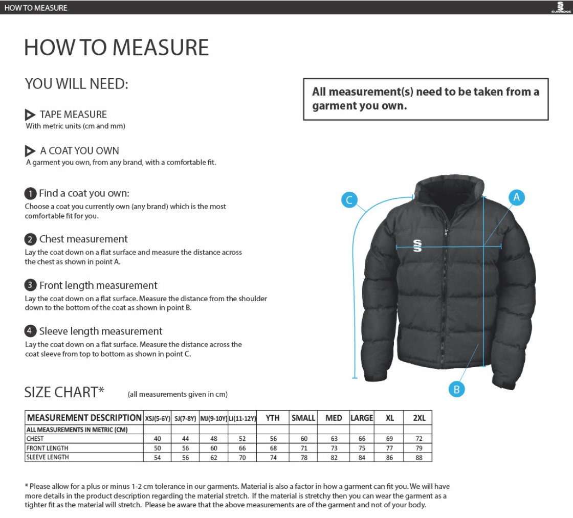 Nutbrook CC - Puffer Jacket - Size Guide