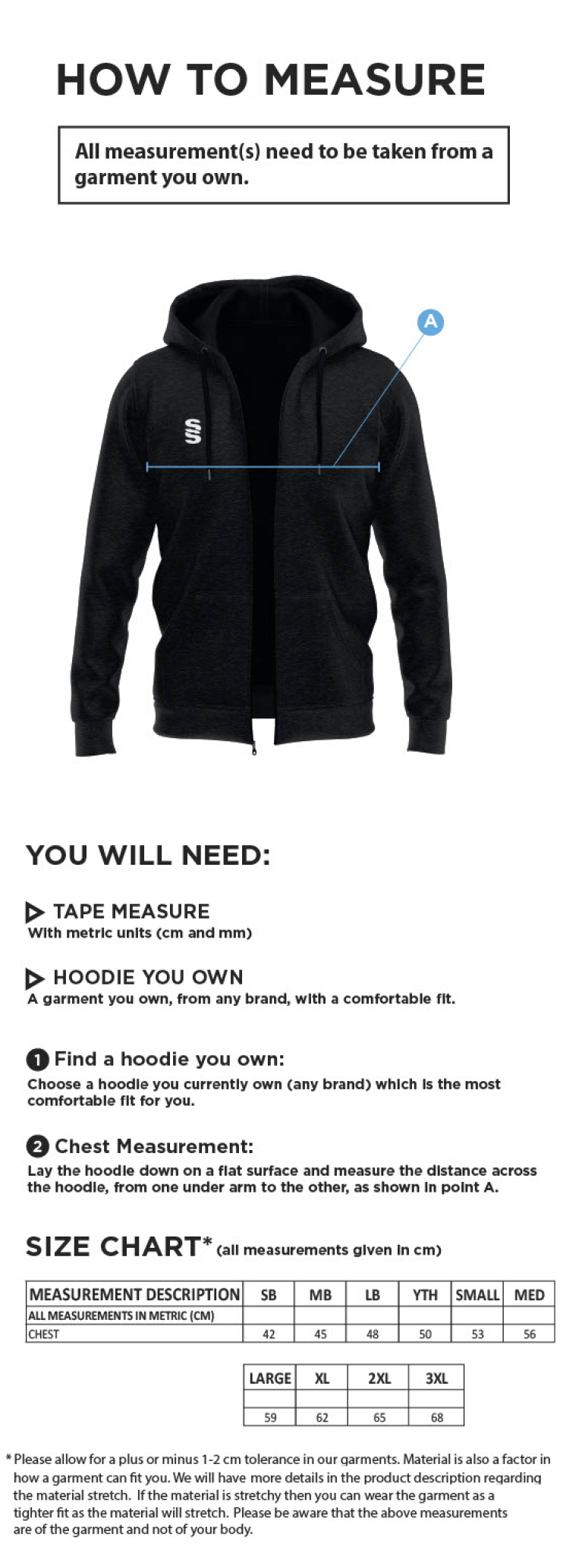 Nutbrook CC - Dual Full Zip Hoody - Size Guide