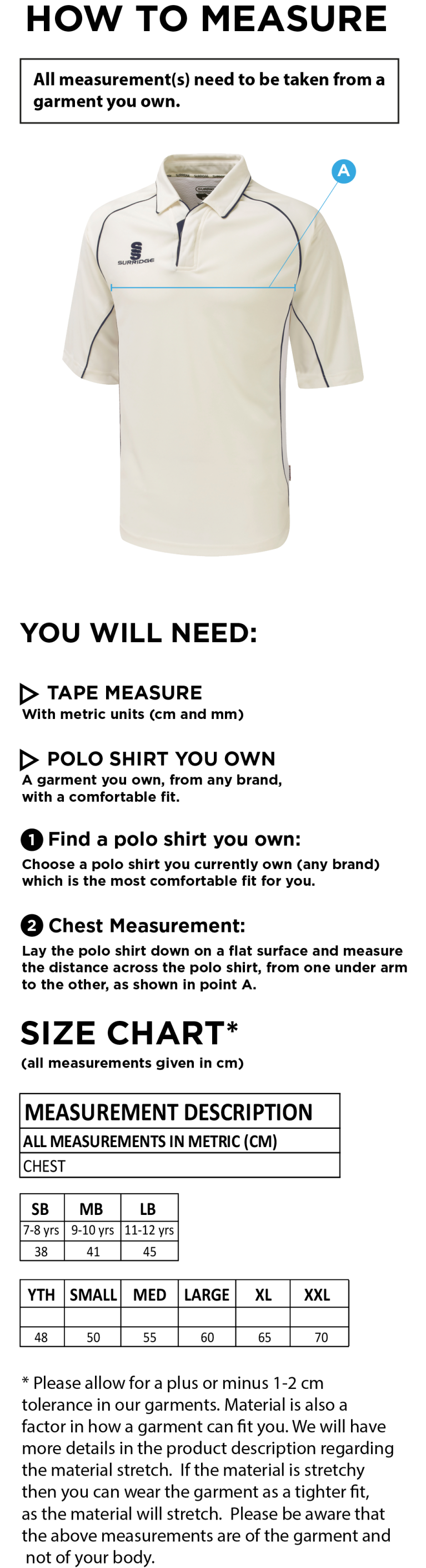 Nutbrook CC - Adult Premier Short Sleeve Navy Trim Shirt - Size Guide