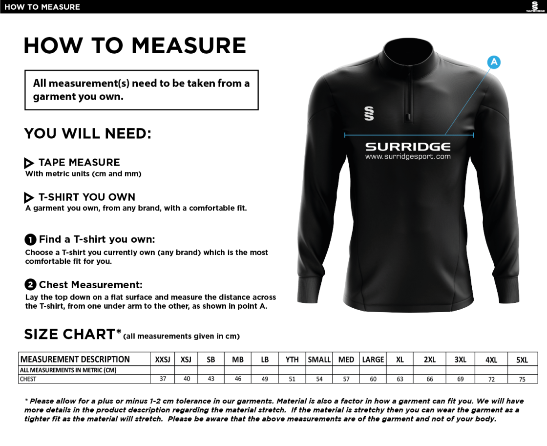 Nutbrook CC - 1/4 Zip Dual Performance Top - Size Guide