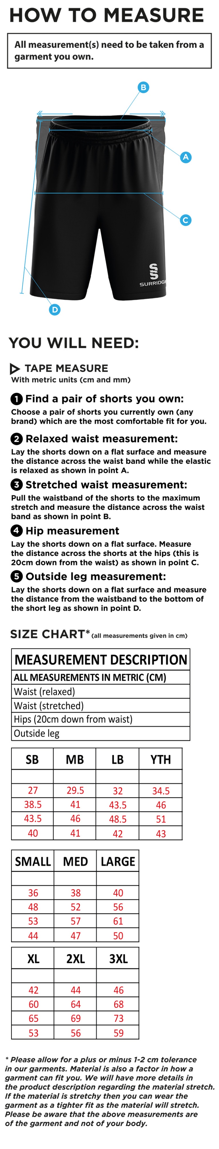 Nutbrook CC - Ripstop Pocketed Shorts - Size Guide