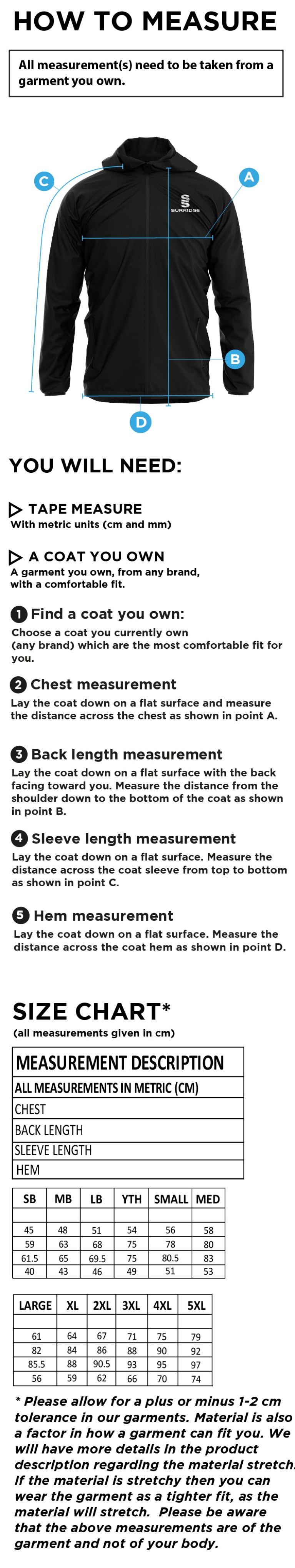 Nutbrook CC - Dual Full Zip Training Jacket - Size Guide