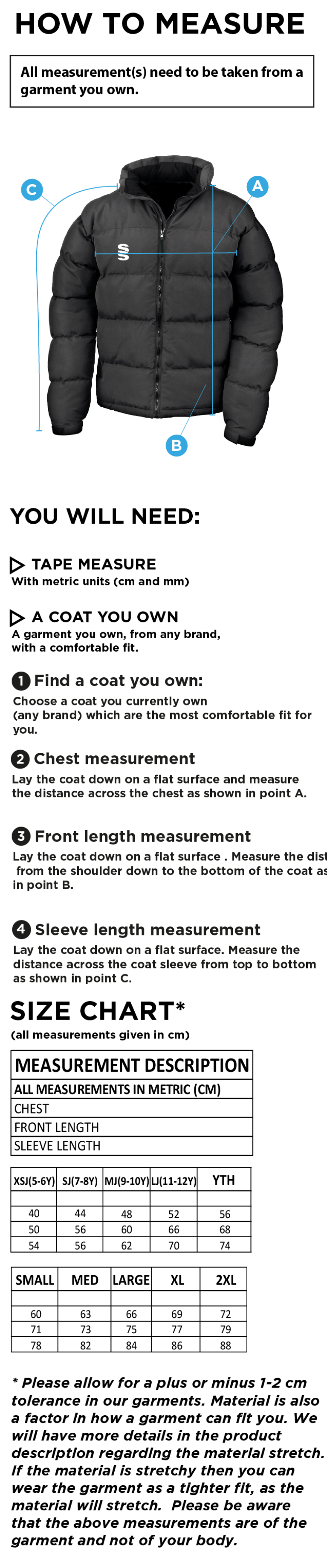 Nutbrook CC - Puffer Jacket - Size Guide
