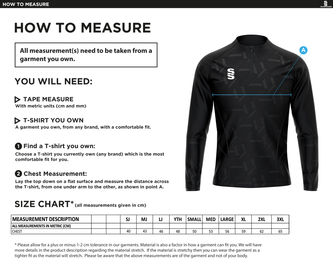 Nutbrook CC - Impact 1/4 Zip Performance Top - Men's - Size Guide