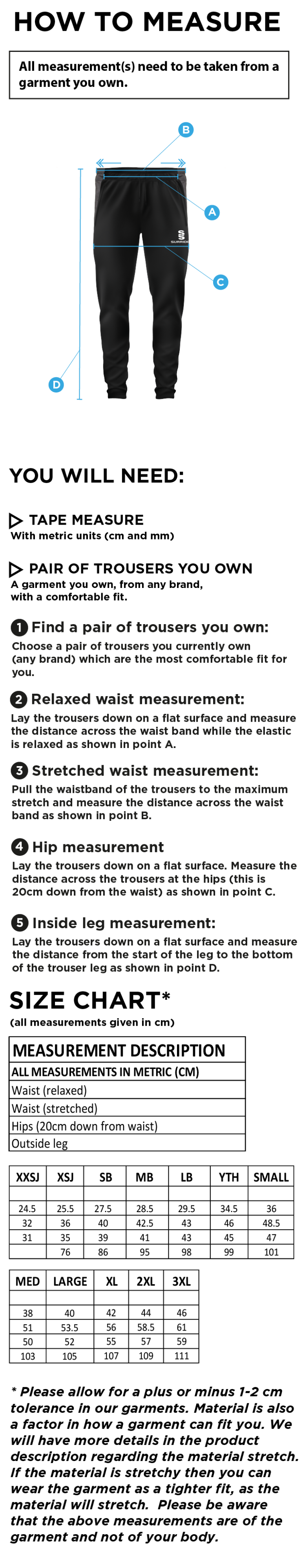 Nutbrook CC - Tek Slim Training Pants - Size Guide