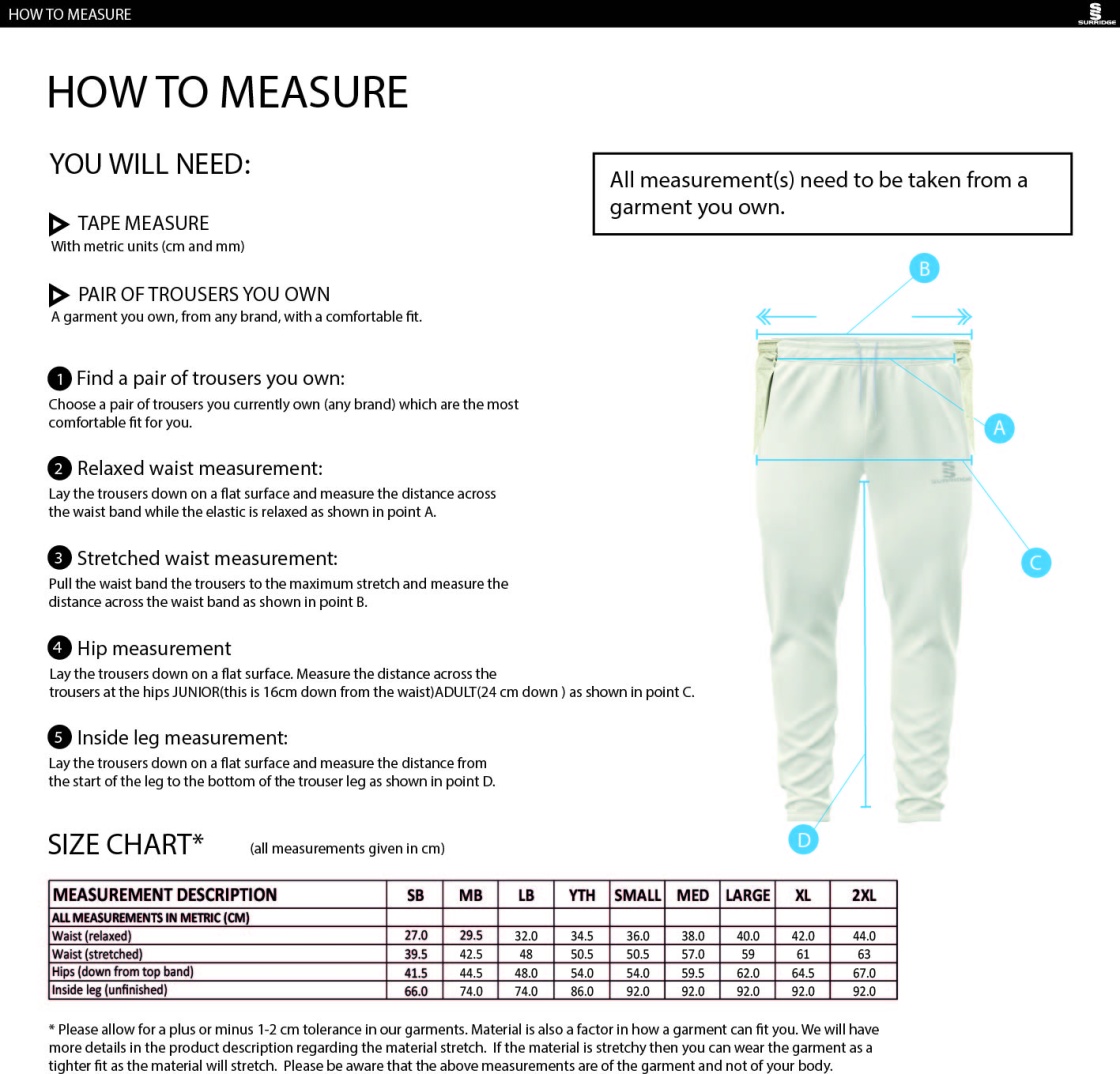 Nutbrook CC - Tek Playing Pant - Size Guide