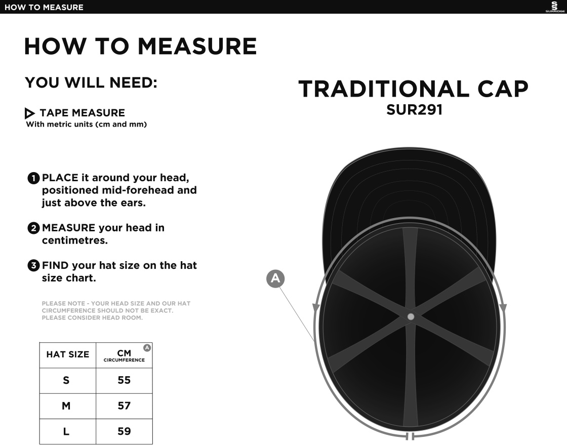 Nutbrook CC - English Playing Cap - Size Guide