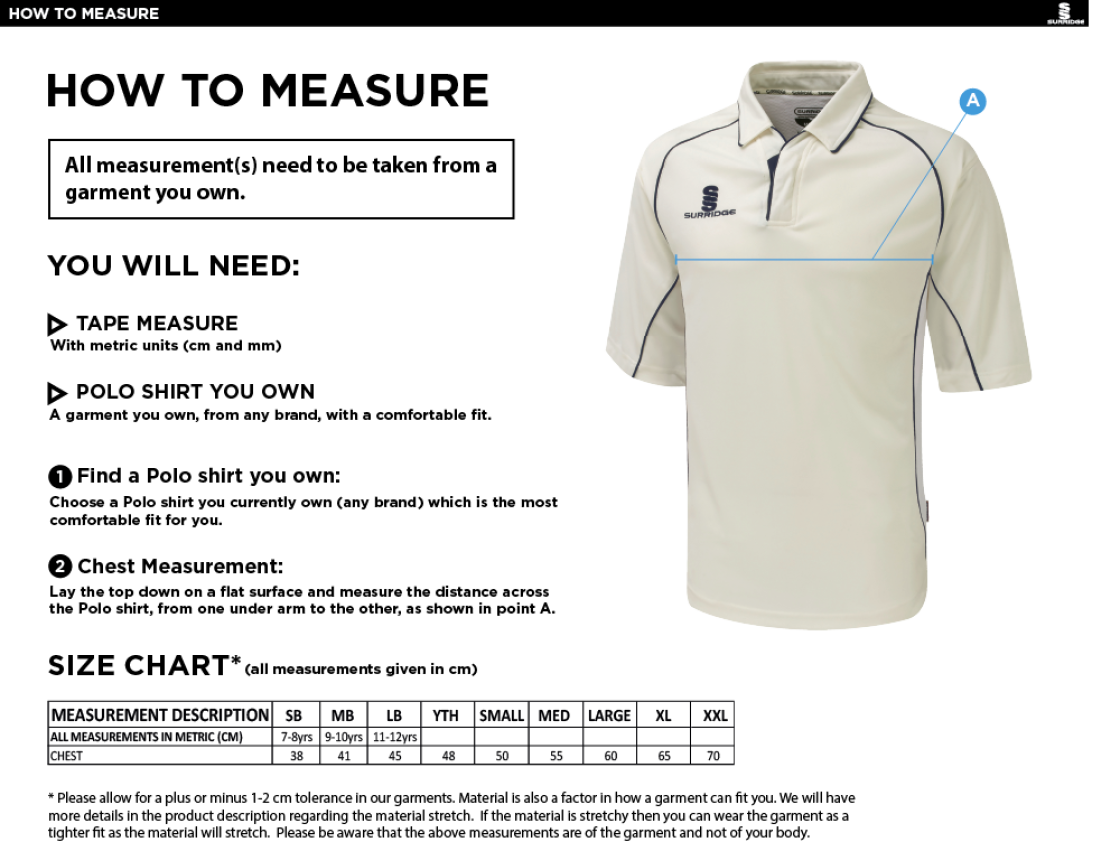 Nutbrook CC - Adult Premier Short Sleeve Navy Trim Shirt - Size Guide