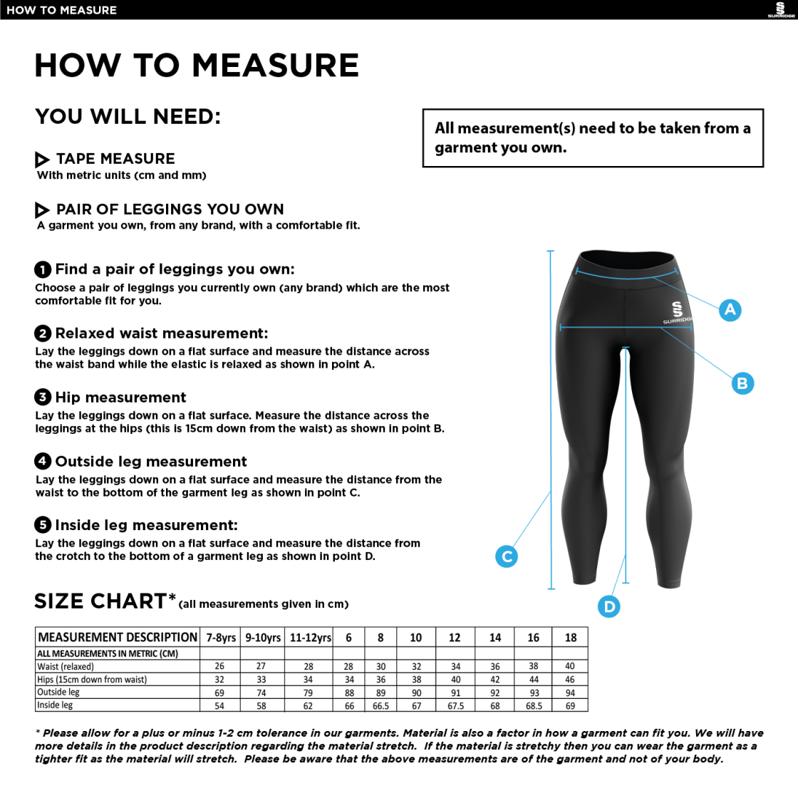Nutbrook CC - Performance Full Length Leggings - Size Guide