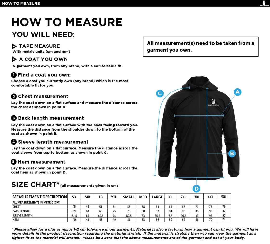 Nutbrook CC - Dual Full Zip Training Jacket - Size Guide