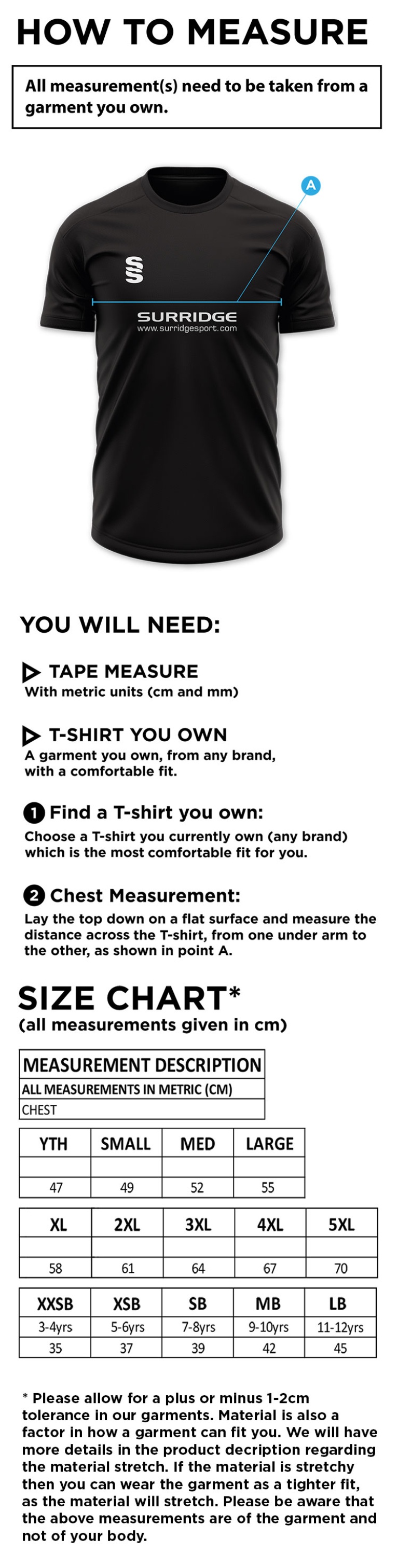 Nutbrook CC - Dual Gym T-shirt - Size Guide