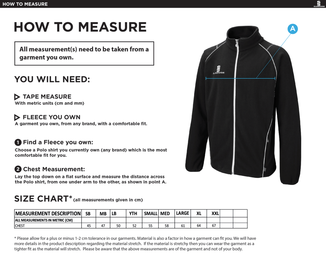 Nutbrook CC - Full Zip Fleece Jacket - Size Guide