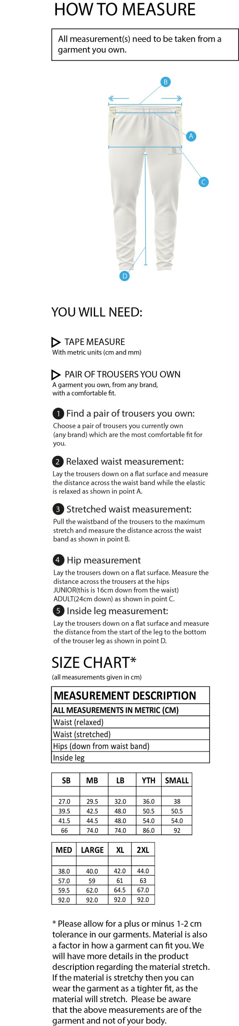 Nutbrook CC - Tek Playing Pant - Size Guide