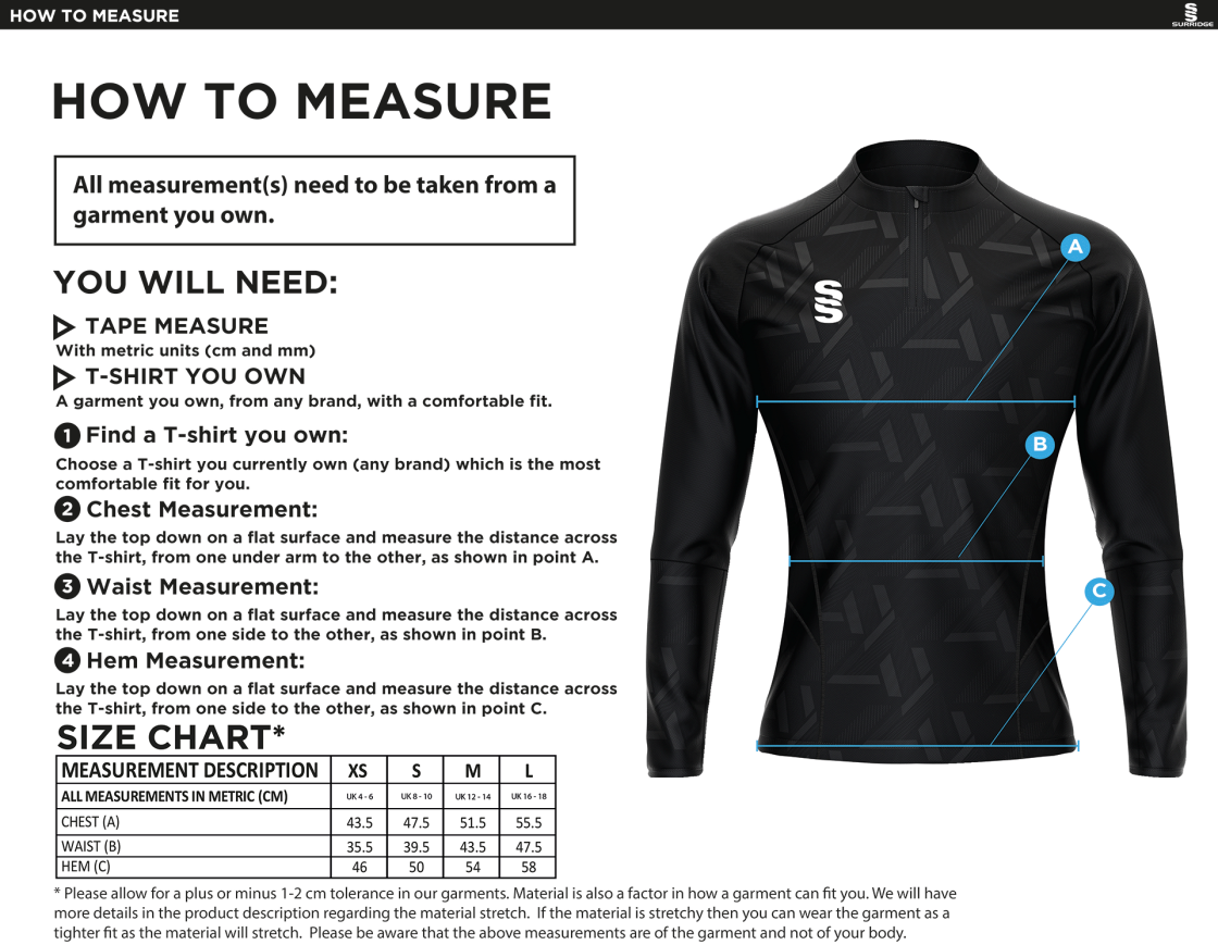 Nutbrook CC - Impact 1/4 Zip Performance Top - Women's - Size Guide
