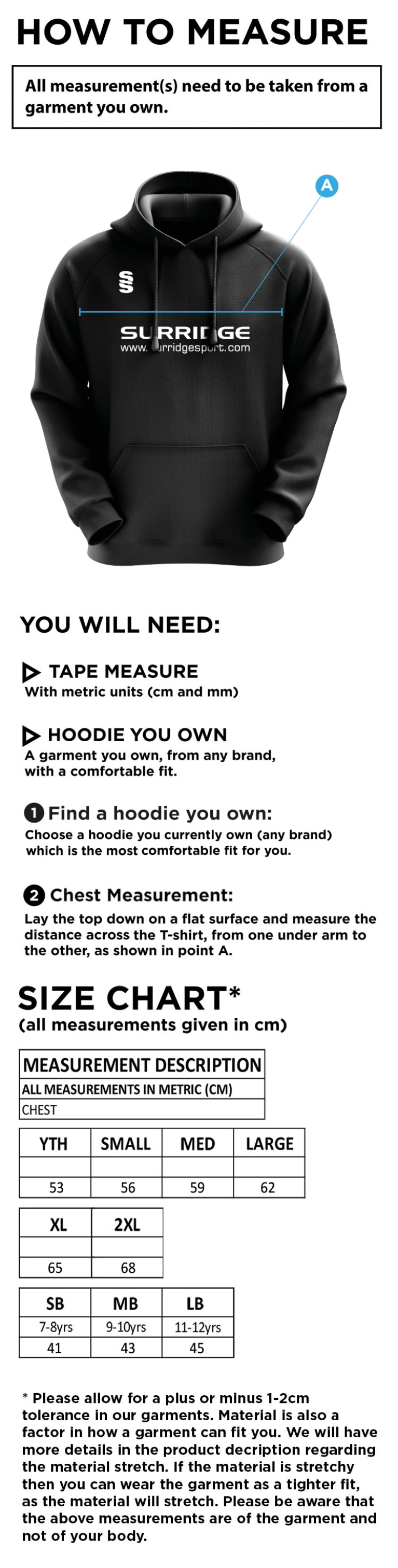 Nutbrook CC - Blade Hoody - Size Guide