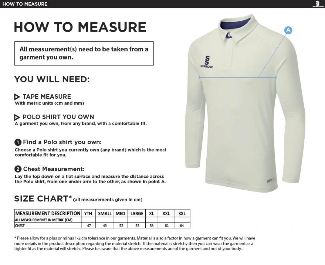 Nutbrook CC - Junior Ergo Long Sleeve Navy Trim Shirt - Size Guide