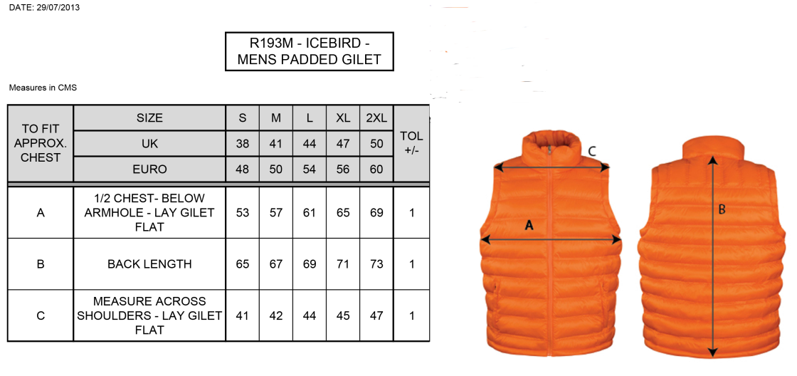 Nutbrook CC - Ice Bird Padded Gilet - Size Guide