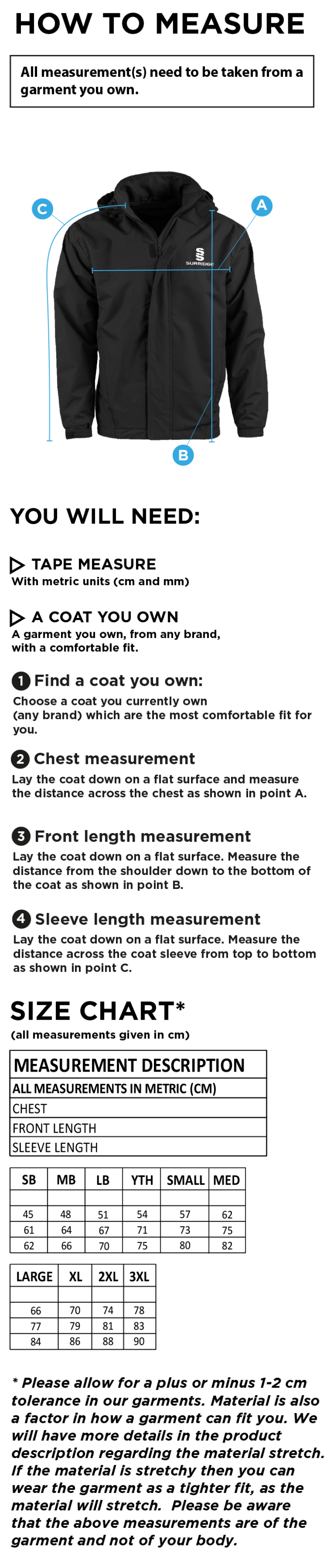 Nutbrook CC - Full Zip Dual Fleece Lined Jacket - Size Guide