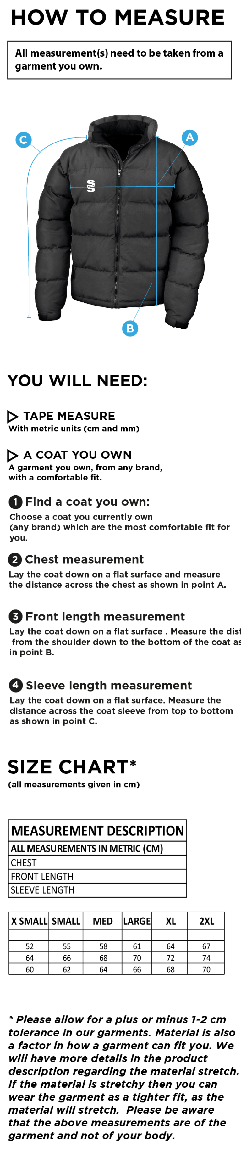 Nutbrook CC - Women's Puffer Jacket - Size Guide